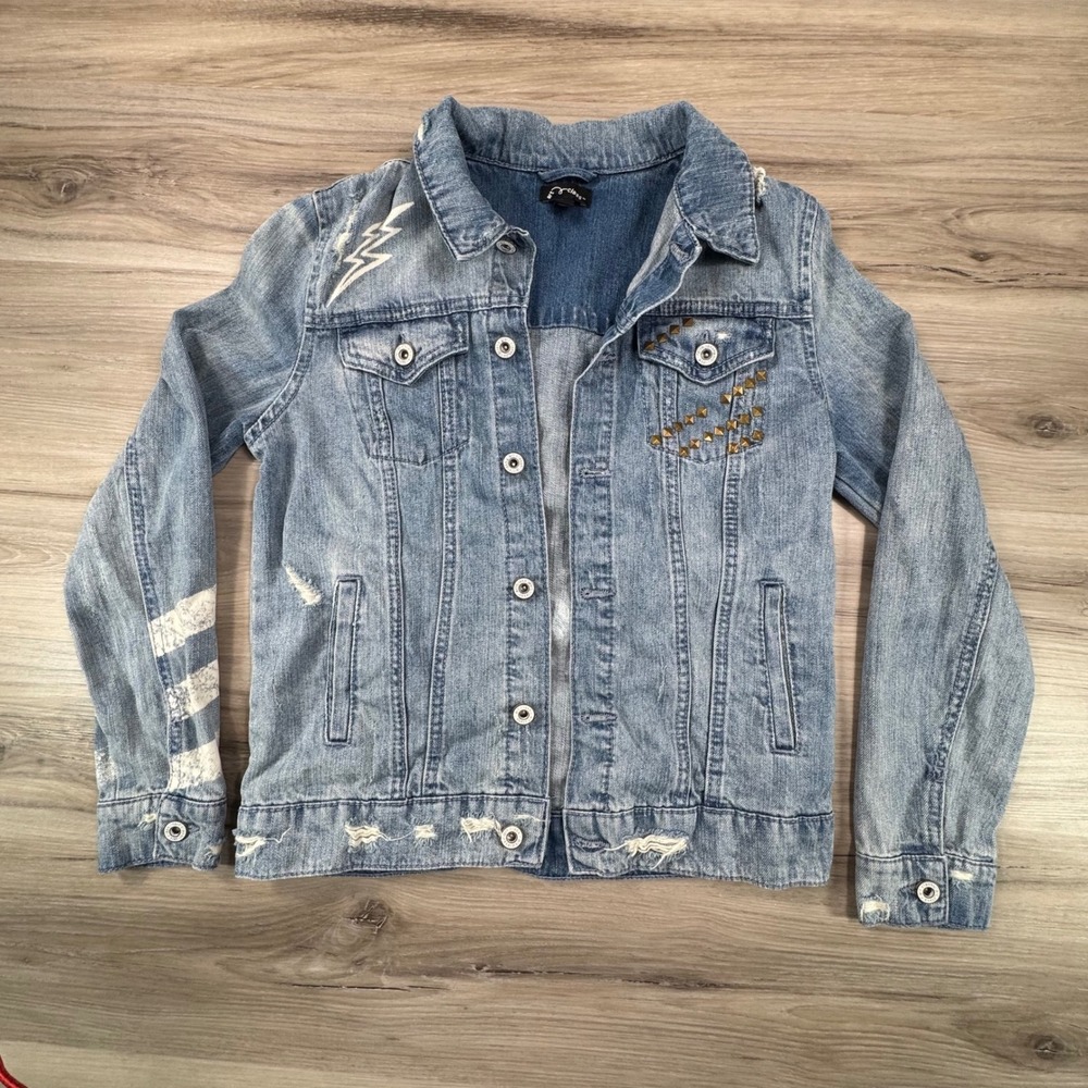 Art Class girls Denim Jacket Distressed Size‎ L Y2K Grunge Streetwear Boho Edgy